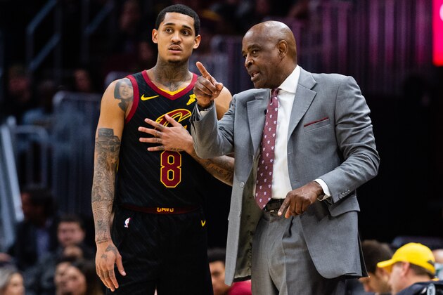 CLEVELAND, OH - FEBRUARY 5: Jordan Clarkson #8 talks with head coach Larry Drew of the Cleveland Cavaliers during the second half against the Boston Celtics at Quicken Loans Arena on February 5, 2019 in Cleveland, Ohio. The Celtics defeated the Cavaliers 103-96. NOTE TO USER: User expressly acknowledges and agrees that, by downloading and/or using this photograph, user is consenting to the terms and conditions of the Getty Images License Agreement. (Photo by Jason Miller/Getty Images)