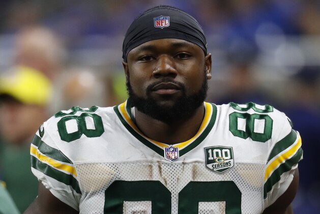 Green Bay Packers running back Ty Montgomery watches against the Detroit Lions during an NFL football game in Detroit, Sunday, Oct. 7, 2018. (AP Photo/Paul Sancya)