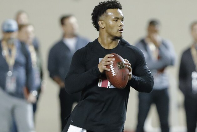 Oklahoma quarterback Kyler Murray goes through passing drills at the university's Pro Day for NFL scouts in Norman, Okla., Wednesday, March 13, 2019. (AP Photo/Alonzo Adams)