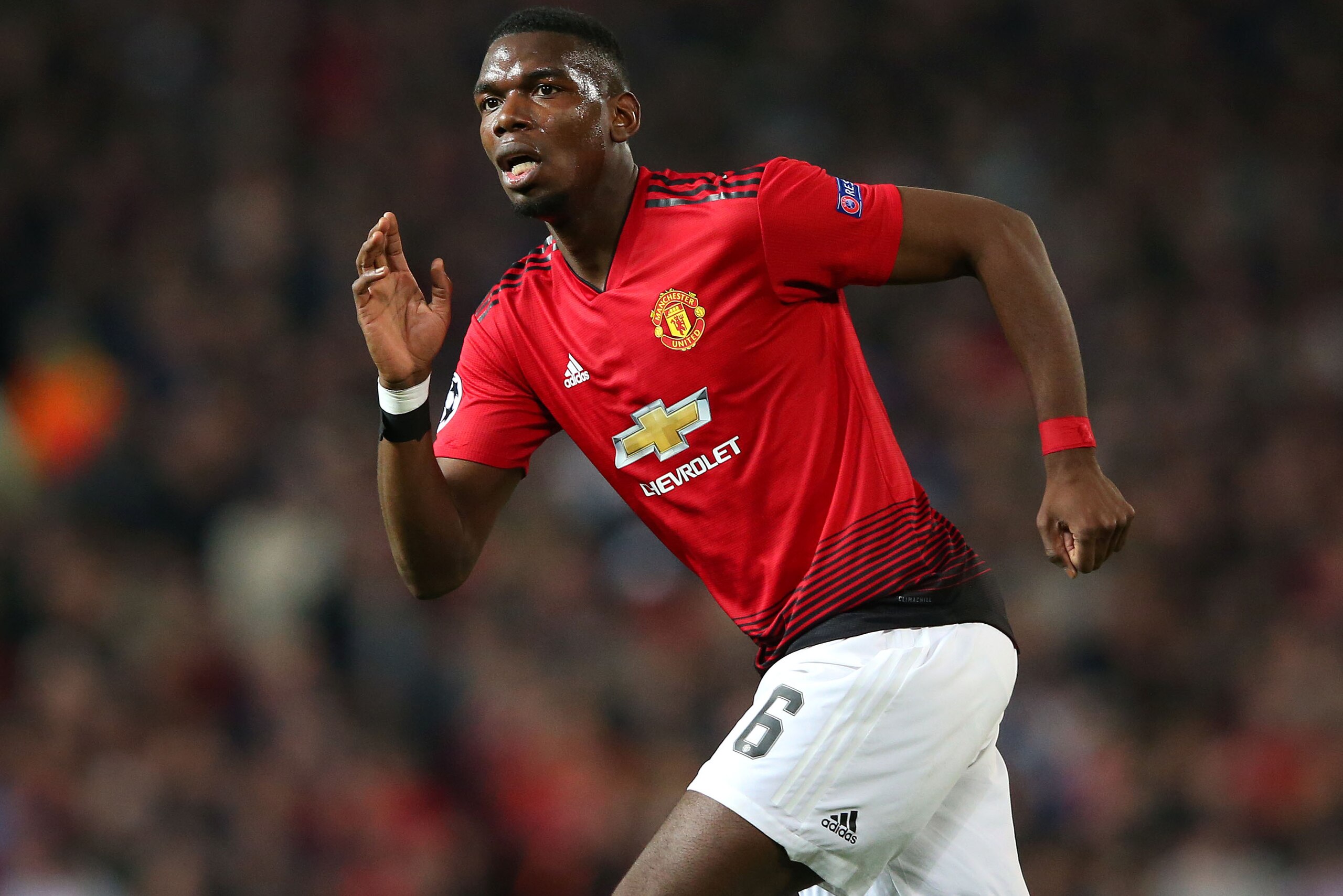 MANCHESTER, ENGLAND - APRIL 10:  Paul Pogba of Manchester United during the UEFA Champions League Quarter Final first leg match between Manchester United and FC Barcelona at Old Trafford on April 10, 2019 in Manchester, England. (Photo by Alex Livesey - Danehouse/Getty Images)