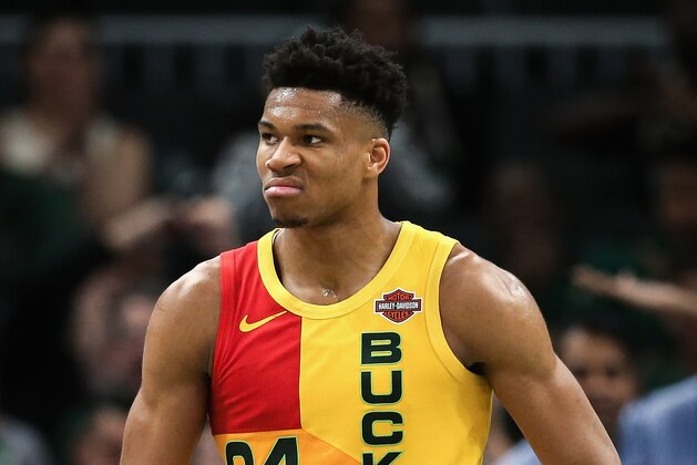 MILWAUKEE, WISCONSIN - APRIL 07:  Giannis Antetokounmpo #34 of the Milwaukee Bucks reacts in the third quarter against the Atlanta Hawks at the Fiserv Forum on April 07, 2019 in Milwaukee, Wisconsin. NOTE TO USER: User expressly acknowledges and agrees that, by downloading and or using this photograph, User is consenting to the terms and conditions of the Getty Images License Agreement. (Photo by Dylan Buell/Getty Images)
