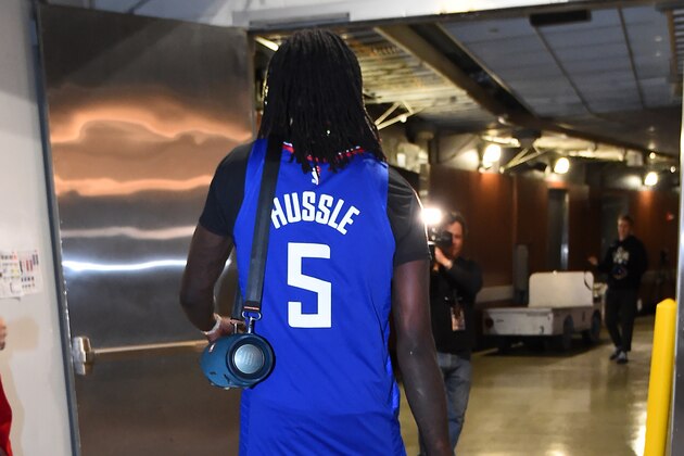 LOS ANGELES, CA - APRIL 3: Montrezl Harrell #5 of the LA Clippers arrives to the game wearing a tribute jersey for Nipsey Hussle against the against the Houston Rockets on April 3, 2019 at STAPLES Center in Los Angeles, California. NOTE TO USER: User expressly acknowledges and agrees that, by downloading and/or using this Photograph, user is consenting to the terms and conditions of the Getty Images License Agreement. Mandatory Copyright Notice: Copyright 2019 NBAE (Photo by Andrew D. Bernstein/NBAE via Getty Images)