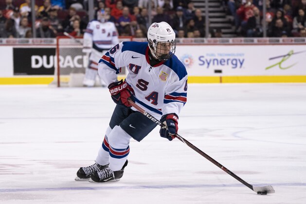 VANCOUVER, BC - JANUARY 5: Jack Hughes #6 of the United States skates with the puck in Gold Medal hockey action of the 2019 IIHF World Junior Championship against Finland on January, 5, 2019 at Rogers Arena in Vancouver, British Columbia, Canada.  (Photo by Rich Lam/Getty Images)