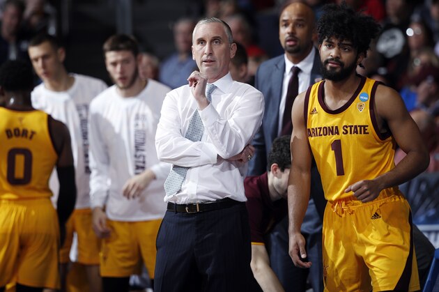 DAYTON, OHIO - MARCH 20: Head coach Bobby Hurley of the Arizona State Sun Devils reacts during the first half against the St. John's Red Storm in the First Four of the 2019 NCAA Men's Basketball Tournament at UD Arena on March 20, 2019 in Dayton, Ohio. (Photo by Joe Robbins/Getty Images)