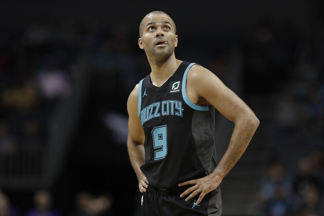 Charlotte Hornets' Tony Parker (9) looks up at a video board during the second half of an NBA basketball game against the Sacramento Kings in Charlotte, N.C., Thursday, Jan. 17, 2019. (AP Photo/Chuck Burton)
