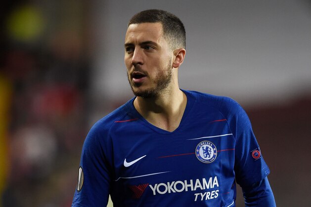 Chelsea's Belgian midfielder Eden Hazard plays during the UEFA Europa League quarter-final, first leg, football match Slavia Prague v Chelsea FC in Prague on April 11, 2019. (Photo by Michal CIZEK / AFP)        (Photo credit should read MICHAL CIZEK/AFP/Getty Images)