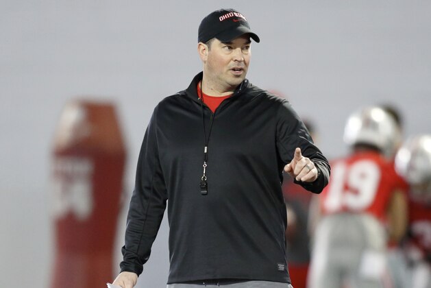 Ohio State NCAA college football head coach Ryan Day gestures during football practice in Columbus, Ohio, Wednesday, March 6, 2019. (AP Photo/Paul Vernon)