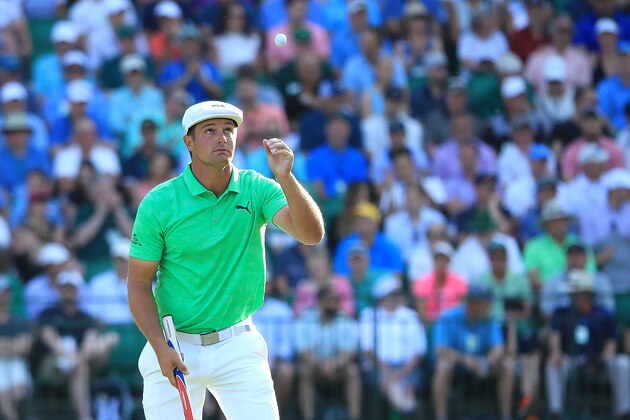 AUGUSTA, GEORGIA - APRIL 11: Bryson DeChambeau of the United States catches his golf ball on the 15th hole during the first round of the Masters at Augusta National Golf Club on April 11, 2019 in Augusta, Georgia. (Photo by Andrew Redington/Getty Images)