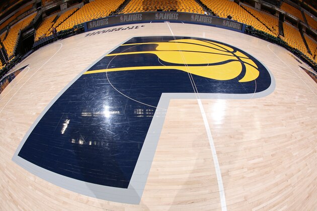 INDIANAPOLIS, IN - APRIL 20:  A view of the Indiana Pacers logo on the floor before the game between Indiana Pacers and Cleveland Cavaliers in Game Three of Round One of the 2018 NBA Playoffs on April 20, 2018 at Bankers Life Fieldhouse in Indianapolis, Indiana. NOTE TO USER: User expressly acknowledges and agrees that, by downloading and or using this Photograph, user is consenting to the terms and conditions of the Getty Images License Agreement. Mandatory Copyright Notice: Copyright 2018 NBAE (Photo by Ron Hoskins/NBAE via Getty Images)