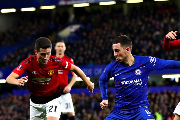 LONDON, ENGLAND - FEBRUARY 18: Eden Hazard of Chelsea is challenged by Andreas Pereira and Ander Herrera both of Manchester United during the FA Cup Fifth Round match between Chelsea and Manchester United at Stamford Bridge on February 18, 2019 in London, United Kingdom. (Photo by Chris Brunskill/Fantasista/Getty Images)