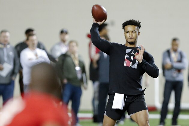 Oklahoma quarterback Kyler Murray goes through passing drills at the university's Pro Day for NFL scouts in Norman, Okla., Wednesday, March 13, 2019. (AP Photo/Alonzo Adams)