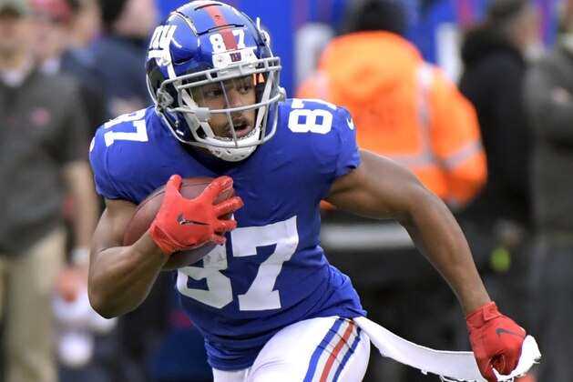 New York Giants wide receiver Sterling Shepard (87) runs with the ball during the first half of an NFL football game against the Tampa Bay Buccaneers, Sunday, Nov. 18, 2018, in East Rutherford, N.J. (AP Photo/Bill Kostroun)