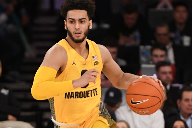 NEW YORK, NY - MARCH 15:  Markus Howard #0 of the Marquette Golden Eagles dribbles the ball during the semifinal round of the Big East Tournament game against the Seton Hall Pirates at Madison Square Garden on March 15, 2019 in New York City. (Photo by Mitchell Layton/Getty Images)  (Photo by Mitchell Layton/Getty Images)