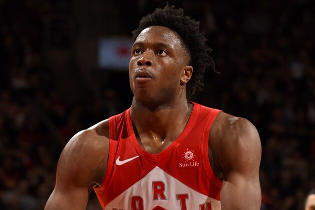 TORONTO, CANADA - MARCH 26:  OG Anunoby #3 of the Toronto Raptors shoots a free-throw against the Chicago Bulls on March 26, 2019 at the Scotiabank Arena in Toronto, Ontario, Canada.  NOTE TO USER: User expressly acknowledges and agrees that, by downloading and or using this Photograph, user is consenting to the terms and conditions of the Getty Images License Agreement.  Mandatory Copyright Notice: Copyright 2019 NBAE (Photo by Ron Turenne/NBAE via Getty Images)