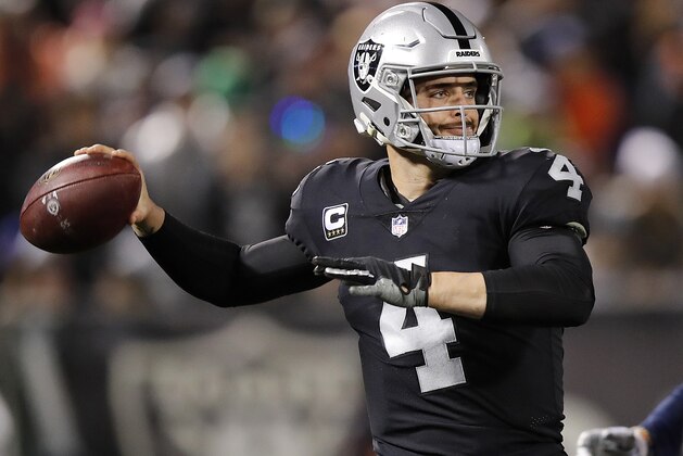 Oakland Raiders quarterback Derek Carr (4) passes against the Denver Broncos during the first half of an NFL football game in Oakland, Calif., Monday, Dec. 24, 2018. (AP Photo/John Hefti)