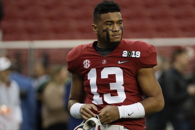 Alabama quarterback Tua Tagovailoa warms up before the NCAA college football playoff championship game against Clemson, Monday, Jan. 7, 2019, in Santa Clara, Calif. (AP Photo/Chris Carlson)