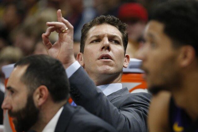 Los Angeles Lakers head coach Luke Walton sits on the bench during the second half of an NBA basketball game against the Utah Jazz Friday, Jan. 11, 2019, in Salt Lake City. (AP Photo/Rick Bowmer)