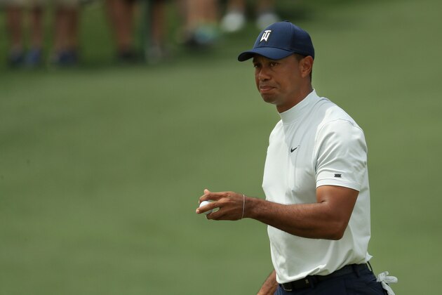 AUGUSTA, GEORGIA - APRIL 12: Tiger Woods of the United States reacts on the second green during the second round of the Masters at Augusta National Golf Club on April 12, 2019 in Augusta, Georgia. (Photo by Mike Ehrmann/Getty Images)