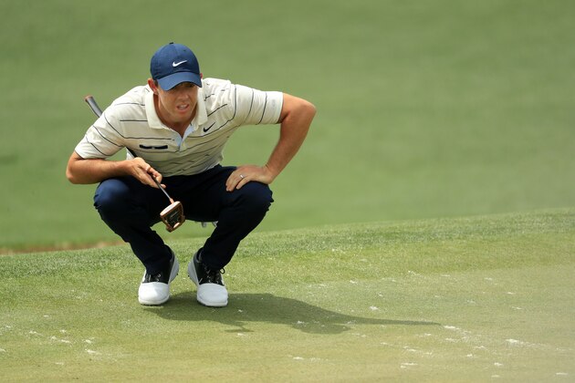 AUGUSTA, GEORGIA - APRIL 12: Rory McIlroy of Northern Ireland lines up a putt on the second green during the second round of the Masters at Augusta National Golf Club on April 12, 2019 in Augusta, Georgia. (Photo by Mike Ehrmann/Getty Images)
