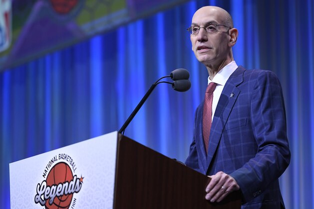 CHARLOTTE, NC - FEBRUARY 16: NBA Commissioner Adam Silver speaks at the All Star Breakfast held by the National Basketball Retired Players Association at the Renaissance Charlotte Suites Hotel on February 16, 2019 in Charlotte, North Carolina. (Photo by John McCoy/Getty Images)