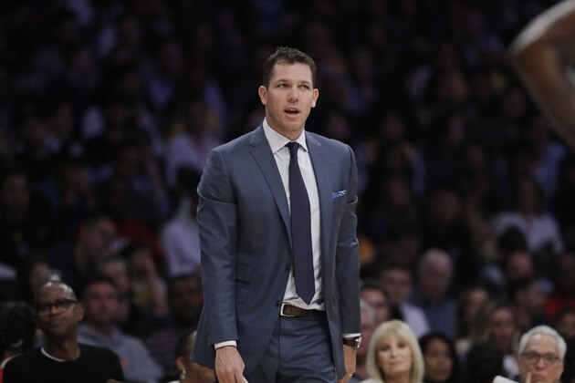 Los Angeles Lakers head coach Luke Walton during an NBA basketball game Sunday, March 24, 2019, in Los Angeles. (AP Photo/Marcio Jose Sanchez)