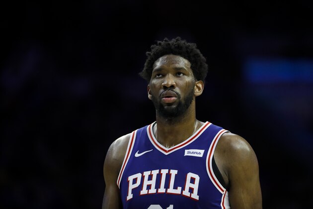 Philadelphia 76ers' Joel Embiid in action during an NBA basketball game against the Boston Celtics, Wednesday, March 20, 2019, in Philadelphia. (AP Photo/Matt Slocum)