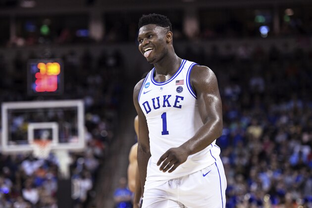 Duke forward Zion Williamson reacts after getting called for a foul against Central Florida during the second half of a second-round game in the NCAA men's college basketball tournament Sunday, March 24, 2019, in Columbia, S.C. Duke won 77-76. (AP Photo/Sean Rayford)