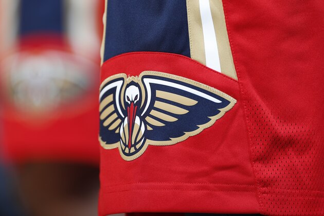 New Orleans Pelicans logo in the second half of an NBA basketball game Monday, Oct. 29, 2018, in Denver. The Nuggets won 116-111. (AP Photo/David Zalubowski)