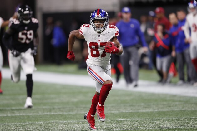 New York Giants wide receiver Sterling Shepard (87) runs against the Atlanta Falcons during the second half of an NFL football game, Monday, Oct. 22, 2018, in Atlanta. (AP Photo/John Bazemore)