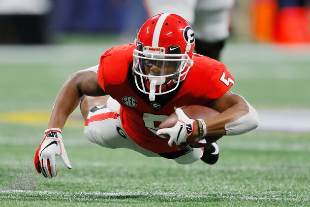 ATLANTA, GA - DECEMBER 01:  Terry Godwin #5 of the Georgia Bulldogs dives in the first half against the Alabama Crimson Tide during the 2018 SEC Championship Game at Mercedes-Benz Stadium on December 1, 2018 in Atlanta, Georgia.  (Photo by Kevin C. Cox/Getty Images)