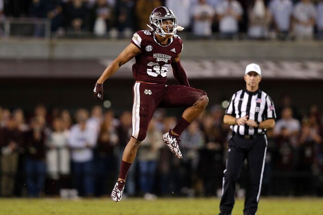 STARKVILLE, MS - OCTOBER 27: Johnathan Abram #38 of the Mississippi State Bulldogs reacts during a game against the Texas A&M Aggies at Davis Wade Stadium on October 27, 2018 in Starkville, Mississippi.  (Photo by Jonathan Bachman/Getty Images)