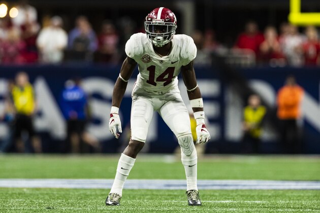 Alabama Crimson Tide defensive back Deionte Thompson (14) during the Southeastern Conference Championship NCAA college football game against the Georgia Bulldogs on Saturday, Dec. 1, 2018 in Atlanta. (Ric Tapia via AP)