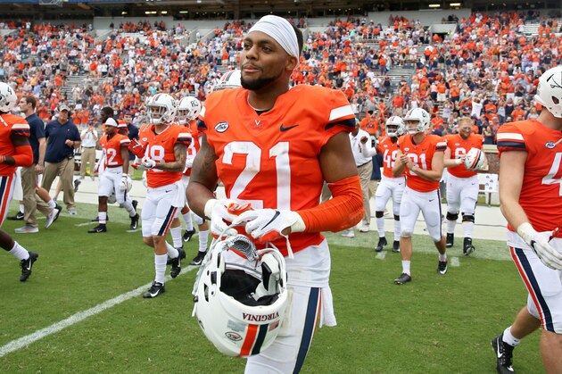 CHARLOTTESVILLE, VA - SEPTEMBER 22: Juan Thornhill #21 of the Virginia Cavaliers after the end of a game at Scott Stadium on September 22, 2018 in Charlottesville, Virginia. (Photo by Ryan M. Kelly/Getty Images)