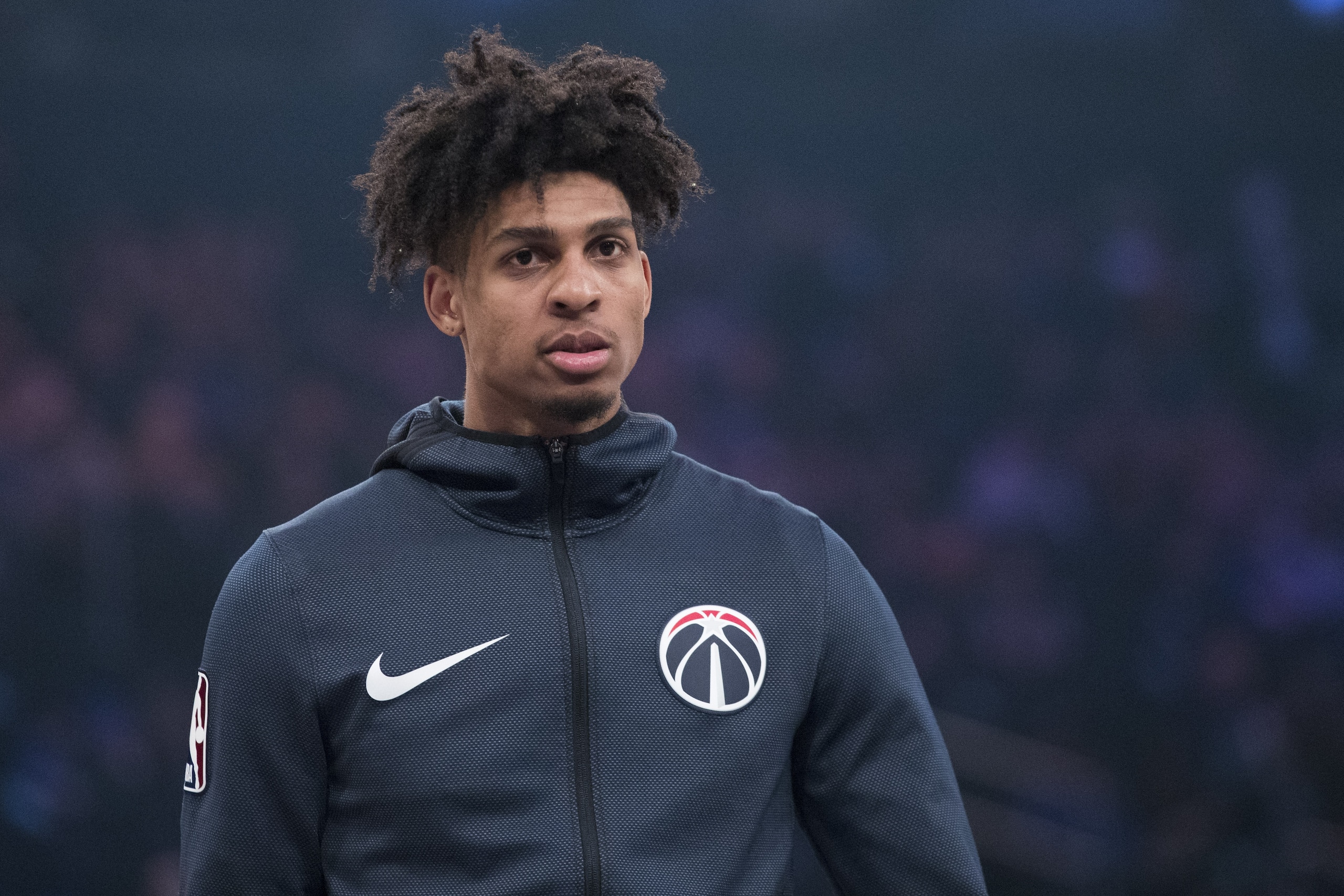 Washington Wizards forward Devin Robinson warms up before an NBA basketball game against the New York Knicks, Sunday, April 7, 2019, at Madison Square Garden in New York. (AP Photo/Mary Altaffer)