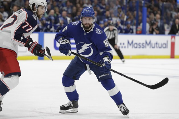 Tampa Bay Lightning right wing Nikita Kucherov (86) during the second period of Game 2 of an NHL Eastern Conference first-round hockey playoff series against the Columbus Blue Jackets Friday, April 12, 2019, in Tampa, Fla. (AP Photo/Chris O'Meara)