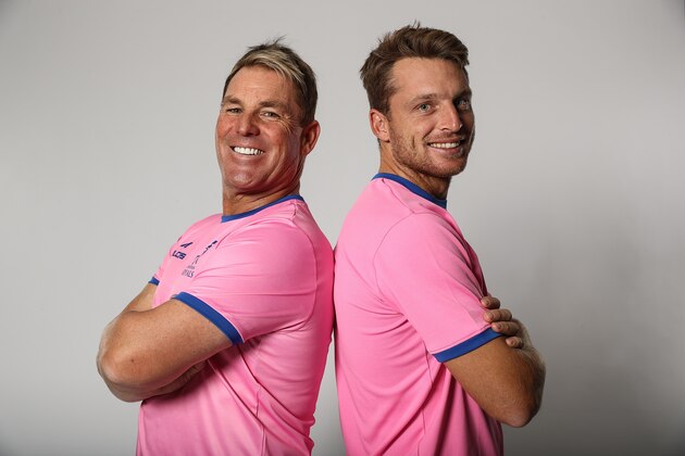 HAMMERSMITH, ENGLAND - MARCH 18: Shane Warne and Jos Butler pose for a photo at aRajasthan Royals Shoot on March 18, 2019 in Hammersmith, England. (Photo by Bryn Lennon/Getty Images for Rajasthan Royals )
