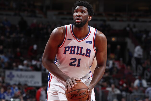 CHICAGO, IL - APRIL 6: Joel Embiid #21 of the Philadelphia 76ers shoots a free-throw against the Chicago Bulls  on April 6, 2019 at United Center in Chicago, Illinois. NOTE TO USER: User expressly acknowledges and agrees that, by downloading and or using this photograph, User is consenting to the terms and conditions of the Getty Images License Agreement. Mandatory Copyright Notice: Copyright 2019 NBAE (Photo by Jeff Haynes/NBAE via Getty Images)