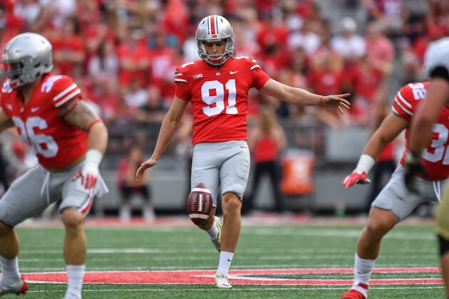 COLUMBUS, OH - SEPTEMBER 16:  Drue Chrisman #91 of the Ohio State Buckeyes punts against the Army Golden Knights at Ohio Stadium on September 16, 2017 in Columbus, Ohio.  (Photo by Jamie Sabau/Getty Images)