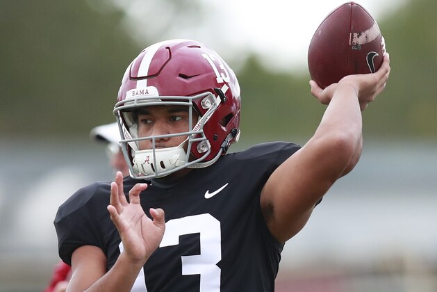Alabama quarterback Tua Tagovailoa passes the ball during an NCAA college football practice on Wednesday, Dec. 26, 2018, in Miami Shores, Fla. Alabama plays Oklahoma in the Orange Bowl on Dec. 29. (AP Photo/Brynn Anderson)