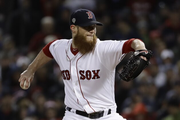 Boston Red Sox's Craig Kimbrel throws during the ninth inning of Game 2 of the World Series baseball game against the Los Angeles Dodgers Wednesday, Oct. 24, 2018, in Boston. (AP Photo/Matt Slocum)