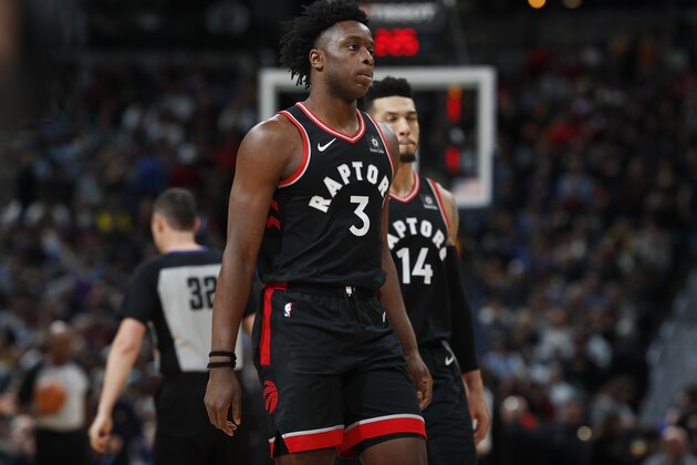 Toronto Raptors forward OG Anunoby (3) in the second half of an NBA basketball game Sunday, Dec. 16, 2018, in Denver. The Nuggets won 95-86. (AP Photo/David Zalubowski)