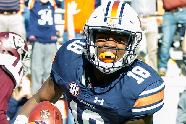 AUBURN, AL - NOVEMBER 3: Wide receiver Seth Williams #18 of the Auburn Tigers celebrates after scoring a touchdown during the forth quarter of their game against the Texas A&M Aggies at Jordan-Hare Stadium on November 3 2018 in Auburn, Alabama. (Photo by Michael Chang/Getty Images)