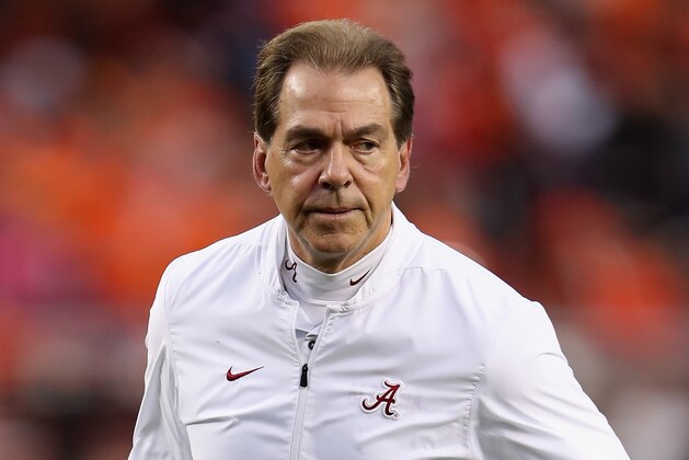 SANTA CLARA, CA - JANUARY 07:  Head coach Nick Saban of the Alabama Crimson Tide looks on during warm ups prior to the CFP National Championship against the Clemson Tigers presented by AT&T at Levi's Stadium on January 7, 2019 in Santa Clara, California.  (Photo by Christian Petersen/Getty Images)