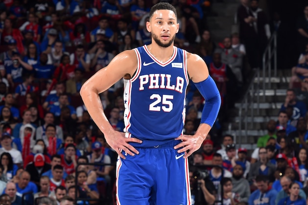 PHILADELPHIA, PA - APRIL 13: Ben Simmons #25 of the Philadelphia 76ers looks on during a game against the Brooklyn Nets during Game One of Round One of the 2019 NBA Playoffs on April 13, 2019 at the Wells Fargo Center in Philadelphia, Pennsylvania NOTE TO USER: User expressly acknowledges and agrees that, by downloading and/or using this Photograph, user is consenting to the terms and conditions of the Getty Images License Agreement. Mandatory Copyright Notice: Copyright 2019 NBAE (Photo by Jesse D. Garrabrant/NBAE via Getty Images)