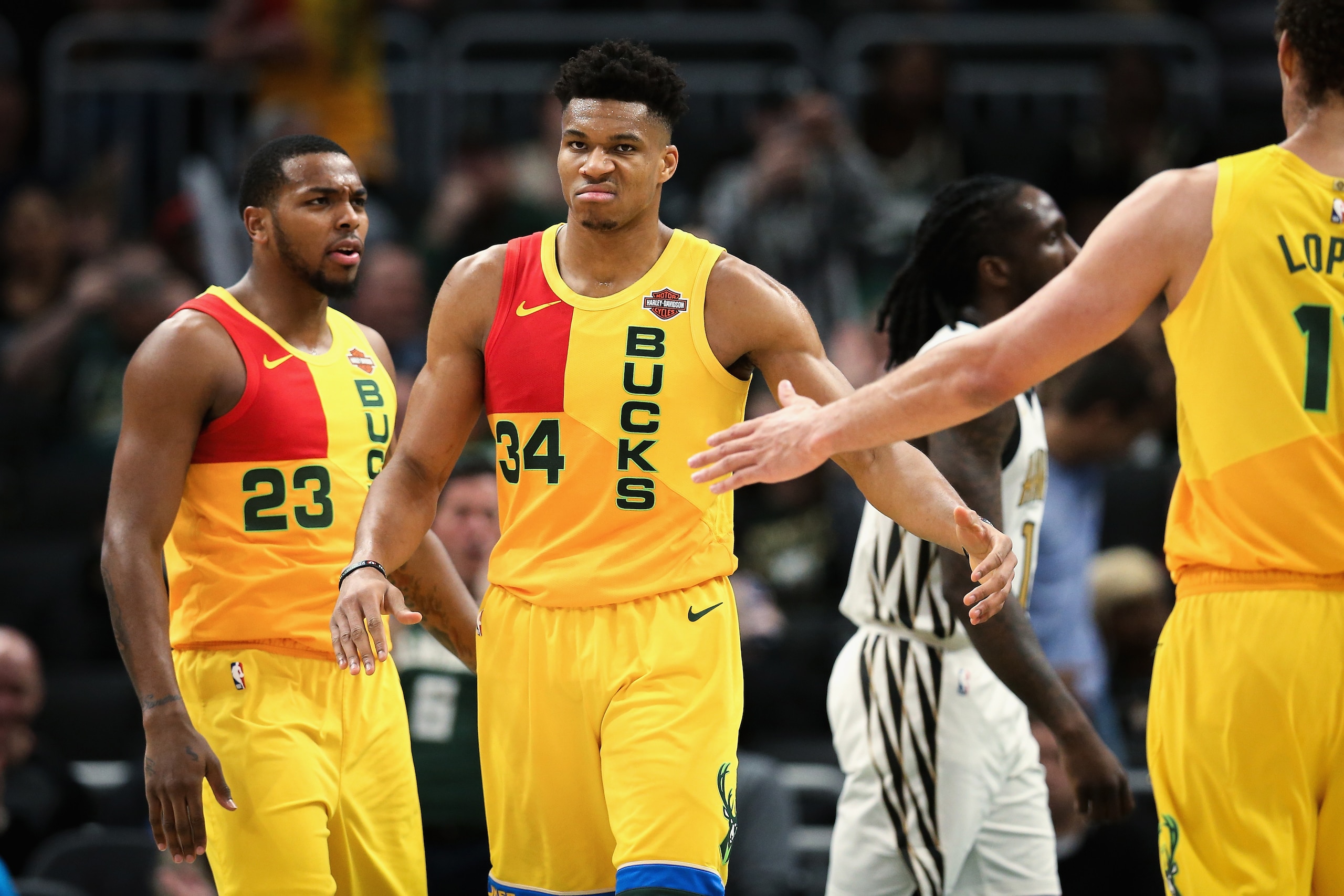 MILWAUKEE, WISCONSIN - APRIL 07:  Giannis Antetokounmpo #34 of the Milwaukee Bucks reacts in the third quarter against the Atlanta Hawks at the Fiserv Forum on April 07, 2019 in Milwaukee, Wisconsin. NOTE TO USER: User expressly acknowledges and agrees that, by downloading and or using this photograph, User is consenting to the terms and conditions of the Getty Images License Agreement. (Photo by Dylan Buell/Getty Images)