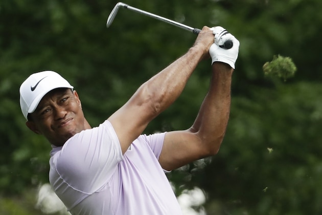 Tiger Woods hits from the fourth tee during the third round for the Masters golf tournament Saturday, April 13, 2019, in Augusta, Ga. (AP Photo/Chris Carlson)