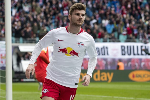 Leipzig's German forward Timo Werner celebrates scoring his team's second goal during the German first division Bundesliga football match between RB Leipzig and Wolfsburg in Leipzig, eastern Germany on April 13, 2019. (Photo by Odd ANDERSEN / AFP) / DFL REGULATIONS PROHIBIT ANY USE OF PHOTOGRAPHS AS IMAGE SEQUENCES AND/OR QUASI-VIDEO (Photo credit should read ODD ANDERSEN/AFP/Getty Images) Leipzig's German forward Timo Werner celebrates scoring his team's second goal during the German first division Bundesliga football match between RB Leipzig and Wolfsburg in Leipzig, eastern Germany on April 13, 2019. (Photo by Odd ANDERSEN / AFP) / DFL REGULATIONS PROHIBIT ANY USE OF PHOTOGRAPHS AS IMAGE SEQUENCES AND/OR QUASI-VIDEO (Photo credit should read ODD ANDERSEN/AFP/Getty Images)