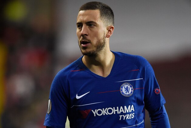 Chelsea's Belgian midfielder Eden Hazard plays during the UEFA Europa League quarter-final, first leg, football match Slavia Prague v Chelsea FC in Prague on April 11, 2019. (Photo by Michal CIZEK / AFP)        (Photo credit should read MICHAL CIZEK/AFP/Getty Images)