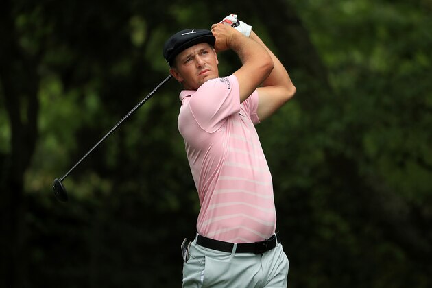 AUGUSTA, GEORGIA - APRIL 13: Bryson DeChambeau of the United States plays his shot from the second tee during the third round of the Masters at Augusta National Golf Club on April 13, 2019 in Augusta, Georgia. (Photo by Mike Ehrmann/Getty Images)