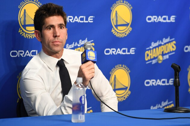 OAKLAND, CA - NOVEMBER 13:  Bob Myers of the Golden State Warriors speaks with the media before the game against the Atlanta Hawks on November 13, 2018 at ORACLE Arena in Oakland, California. NOTE TO USER: User expressly acknowledges and agrees that, by downloading and or using this photograph, user is consenting to the terms and conditions of Getty Images License Agreement. Mandatory Copyright Notice: Copyright 2018 NBAE (Photo by Noah Graham/NBAE via Getty Images)